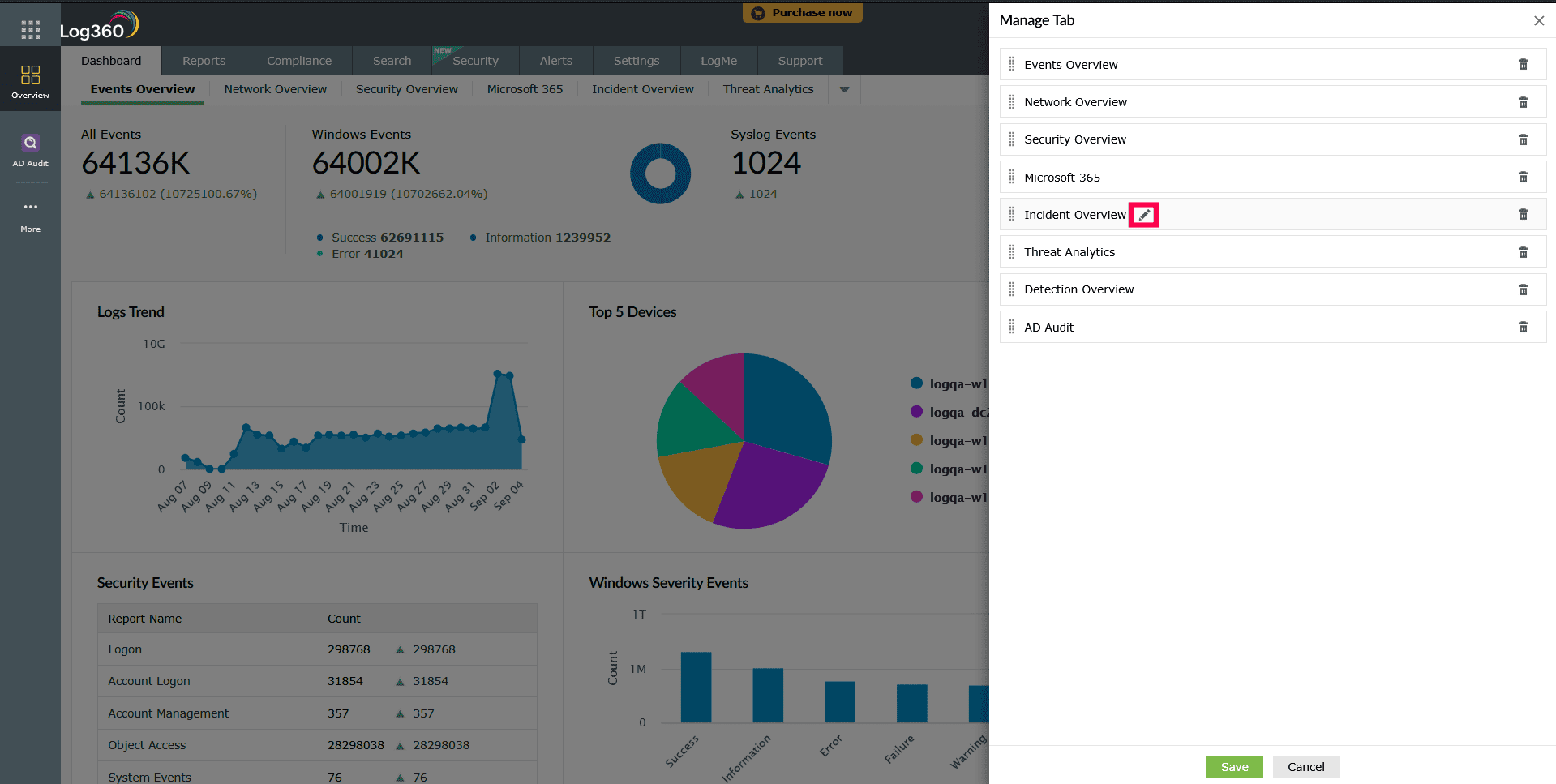 Editing a dashboard tab