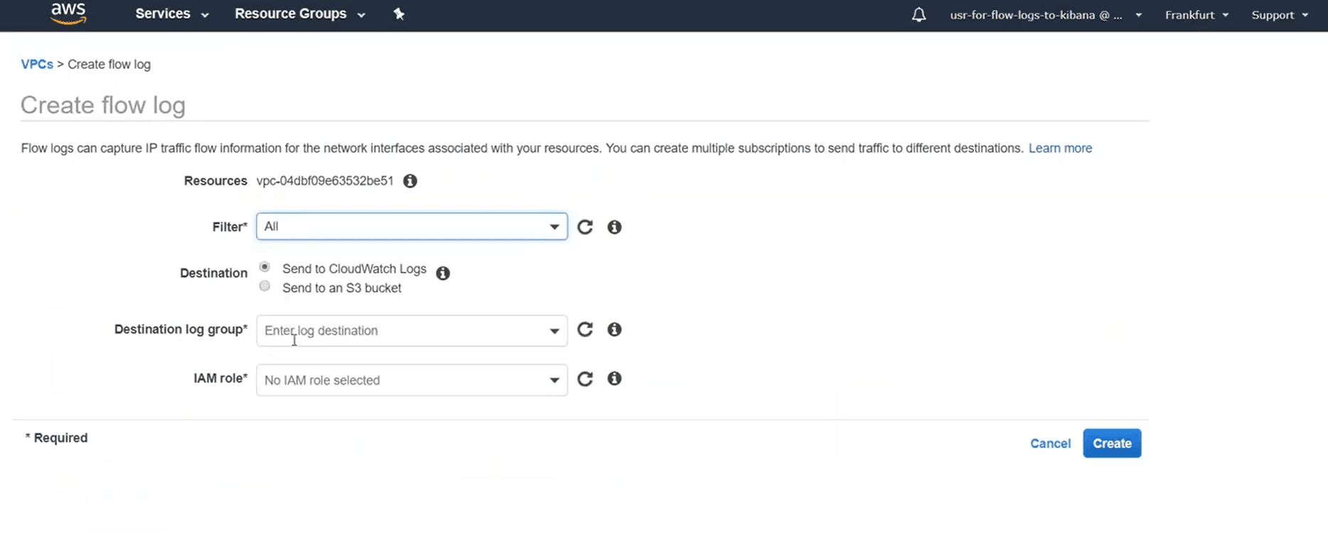 A screenshot from AWS console explaining how to create log flow to publish logs into Cloudwatch.