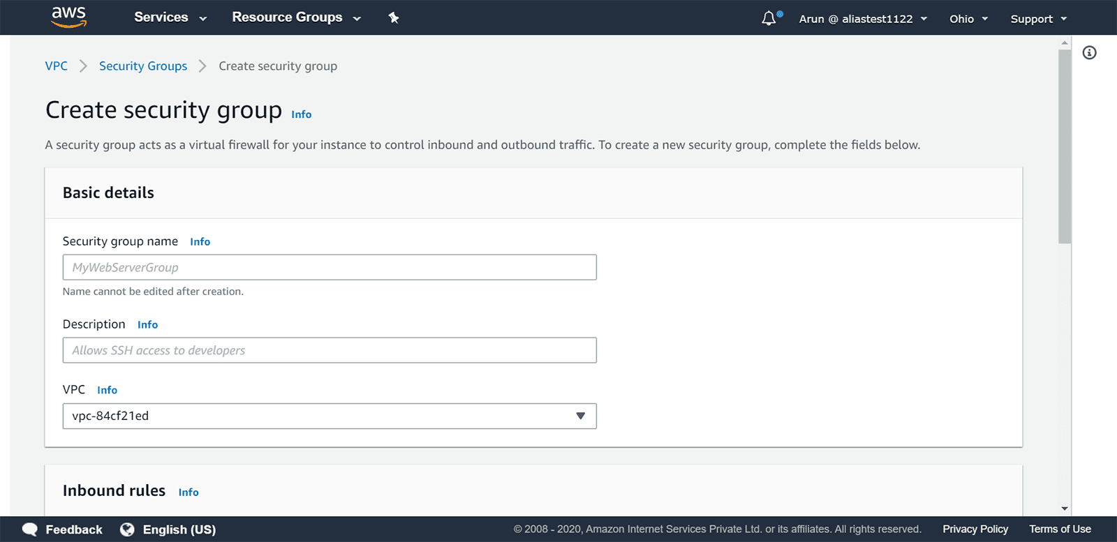 How to create a security group using the AWS Management Console?