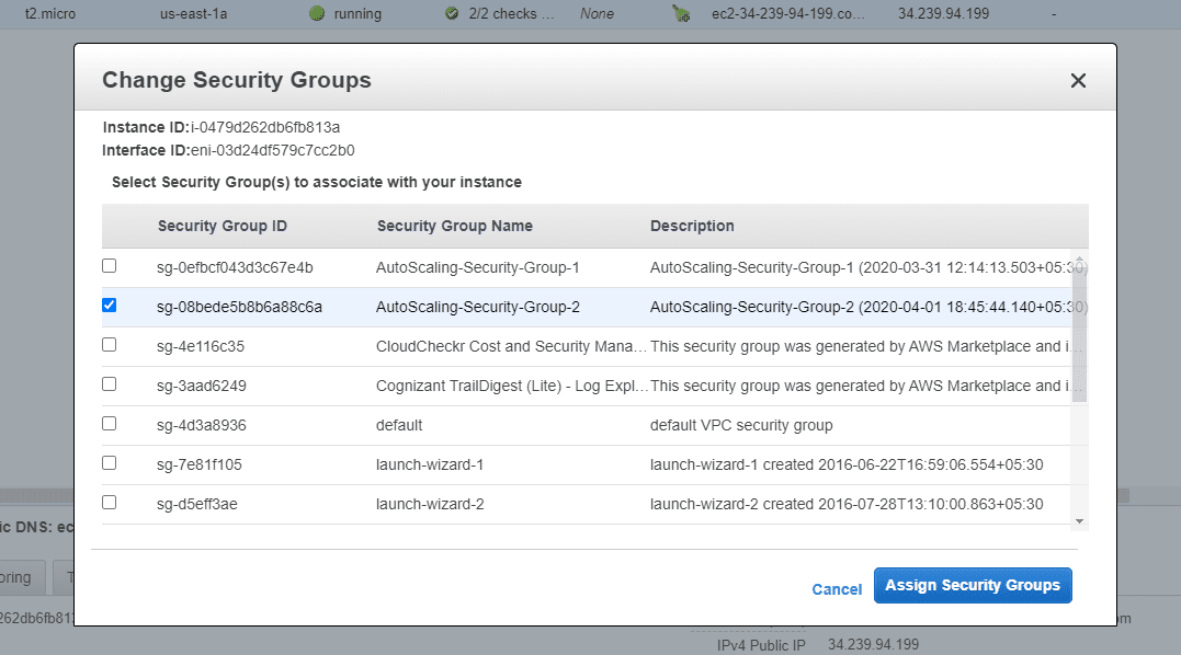 How to change the security groups associated with an instance?