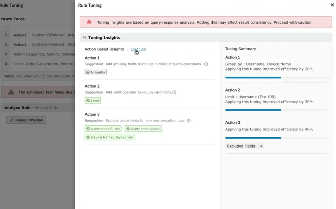 Rule tuning console in Log360