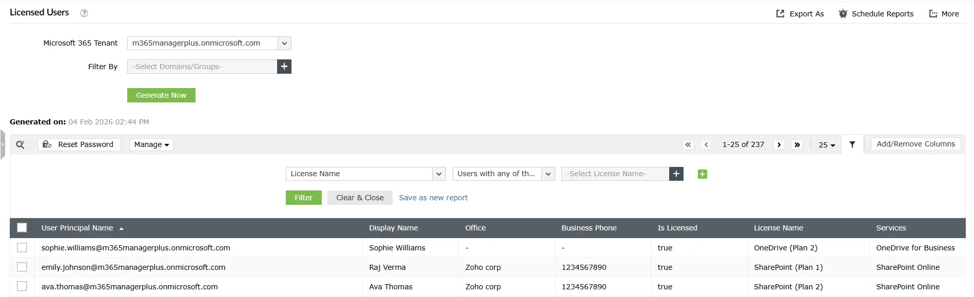 The M365 Manager Plus Licensed Users report displaying a list of users, their assigned services, and options to filter by specific license names.