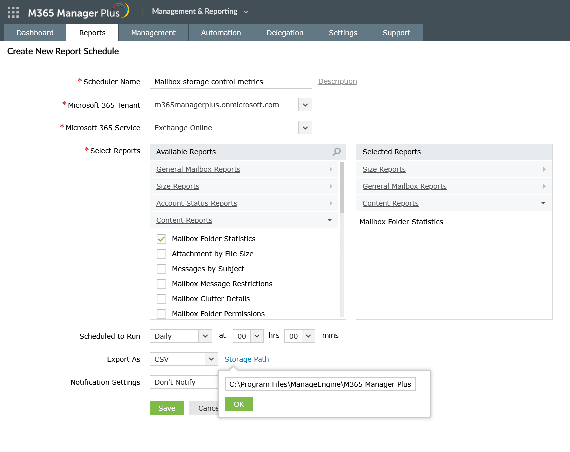 Scheduling instant access to Exchange Online reports in M365 Manager Plus. 