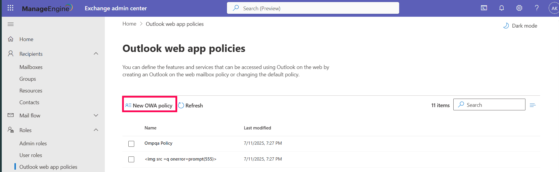 The Outlook web app policies page, showing existing policies and with the 'New OWA policy' button highlighted.