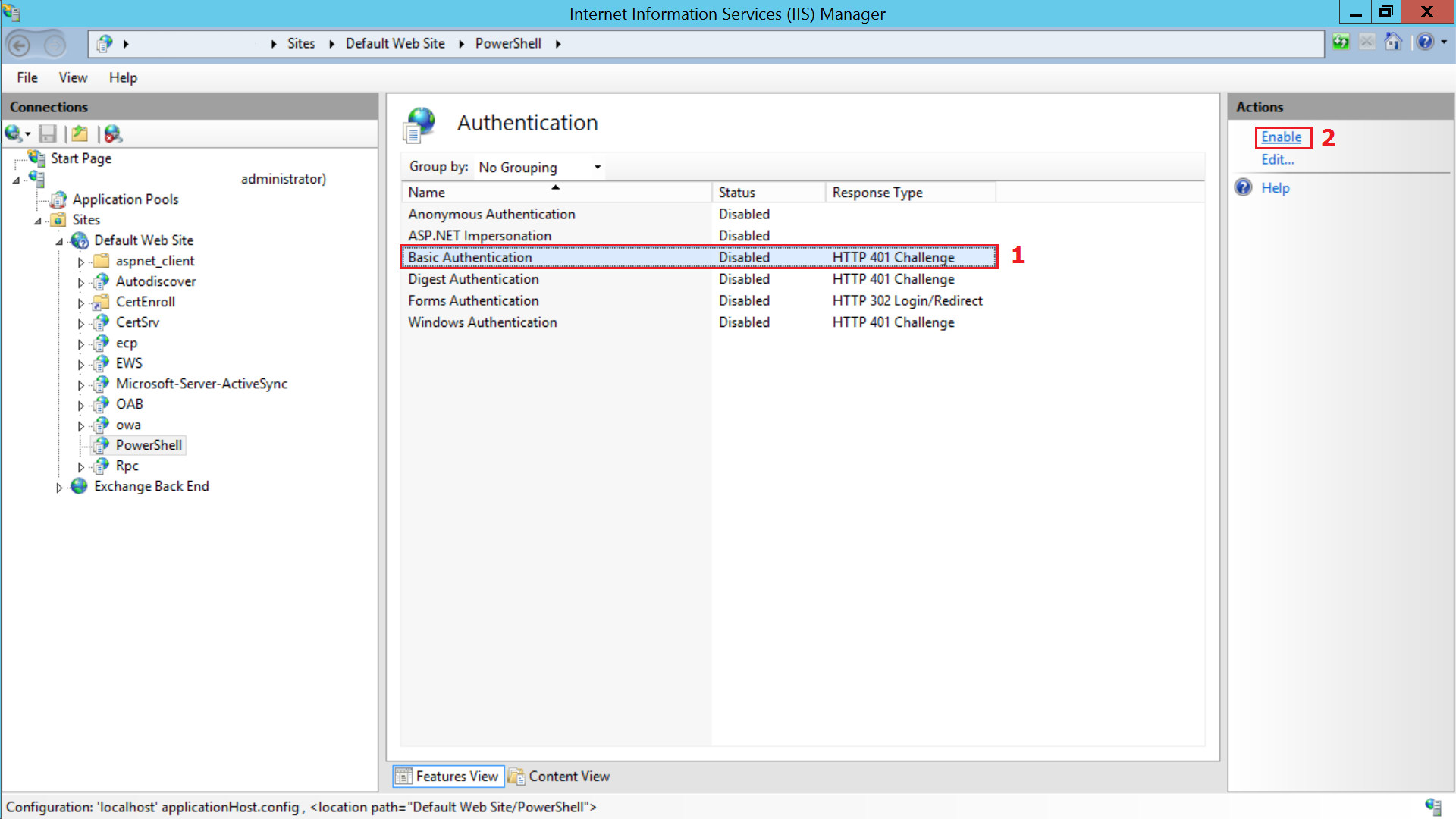 Step 2 for enabling Basic Authentication for Conditional Exchange Access