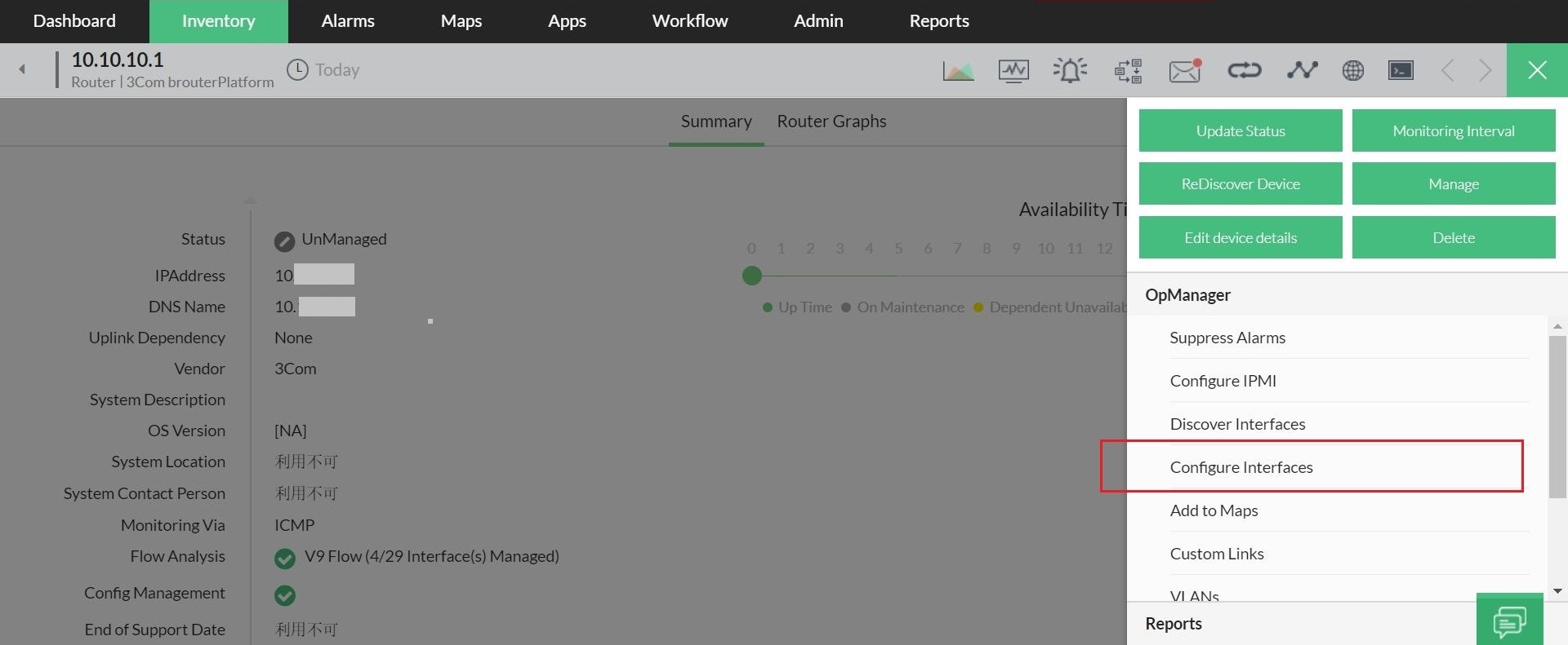 Enable/ disable monitor & status poll for interfaces in OpManager: Configure interfaces option