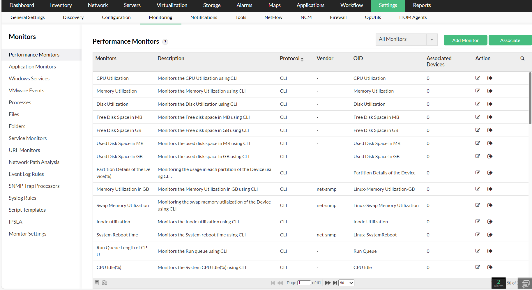 Associating CLI monitors from performance monitor settings page in OpManager