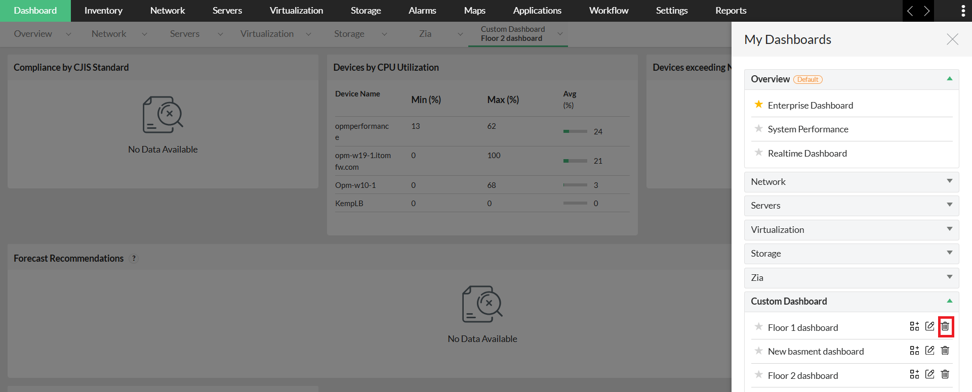 Custom dashboards in OpManager: To delete dashboard