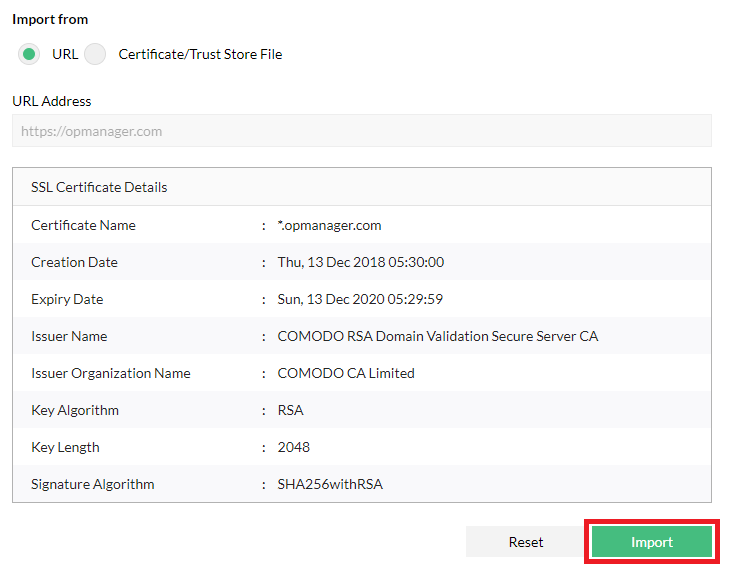 Importing Trusted Certificates in OpManager: Import from URL