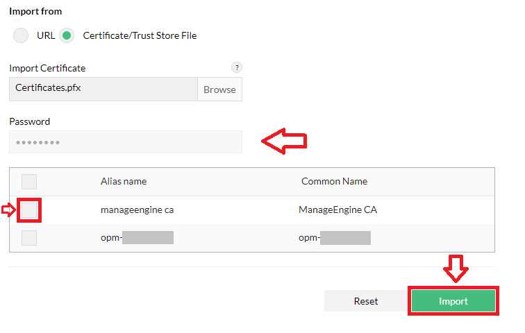 Importing Trusted Certificates in OpManager: Required file choice to import
