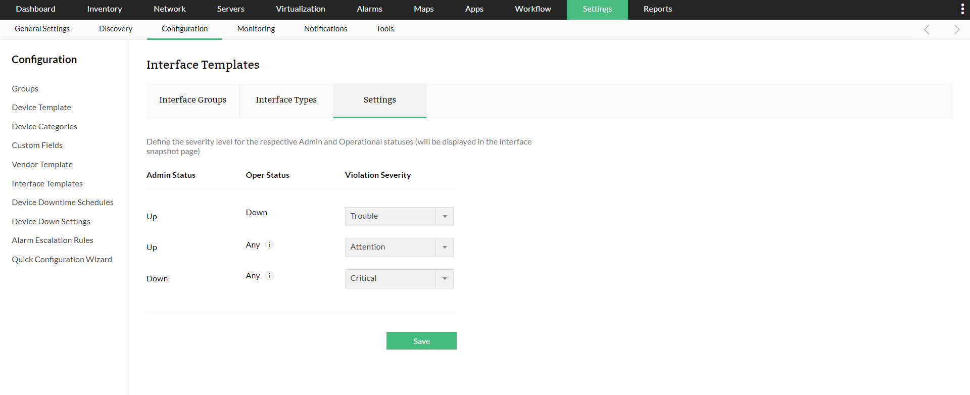 Interface templates configuration in OpManager: Interface templates settings
