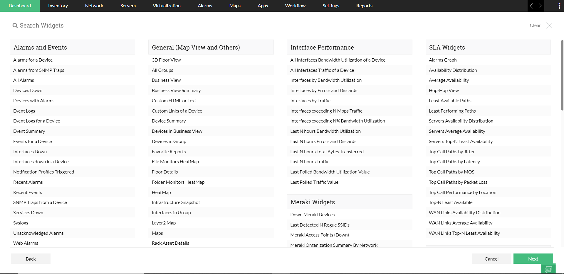 Widgets in OpManager: All widgets page