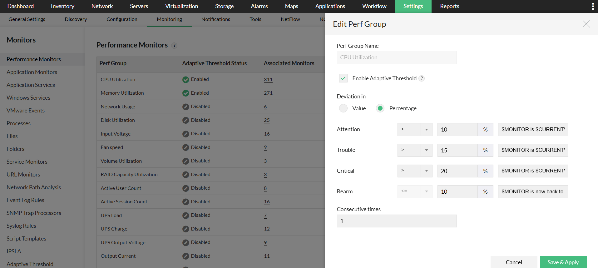 Group performance monitors in OpManager: Edit perf group