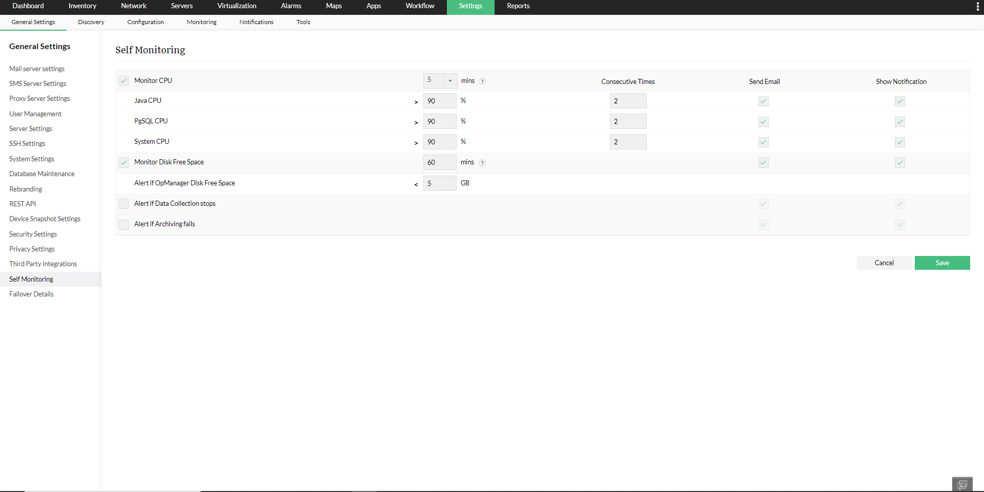 Self monitoring in OpManager: Configuring Self Monitoring