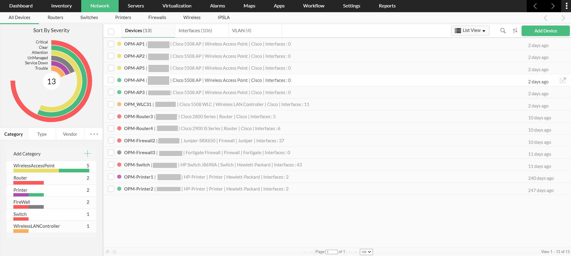 Types of views in OpManager: List view