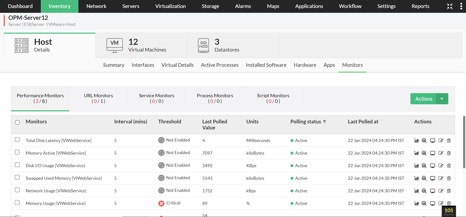 VMware alerts management in OpManager: List of VM monitors under monitors tab in OpManager