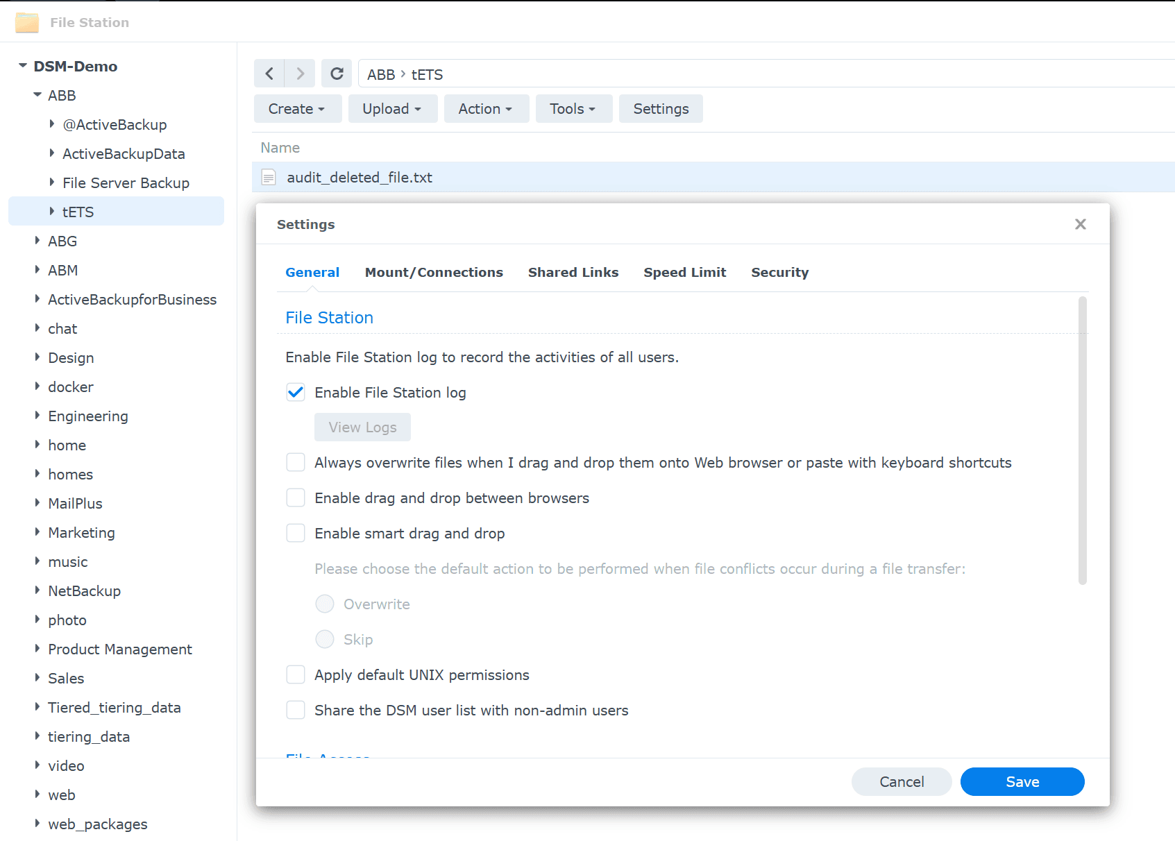 Enabling File Station log