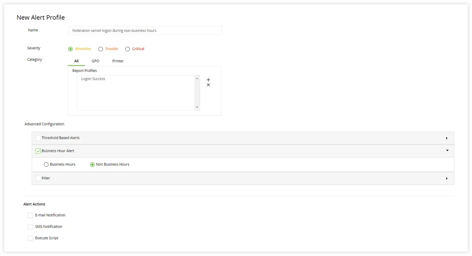 Alerts can be configured to instantly detect critical activities such as logons occurring via federation servers during non-business hours.