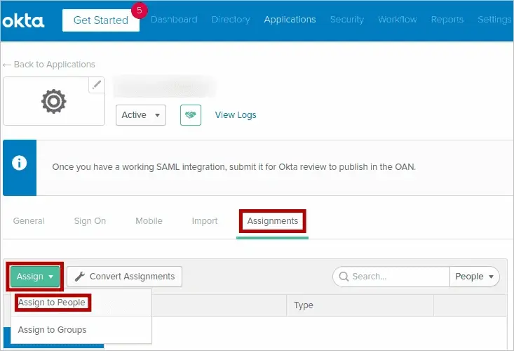 Assigning users to an application from the Assignments tab in Okta