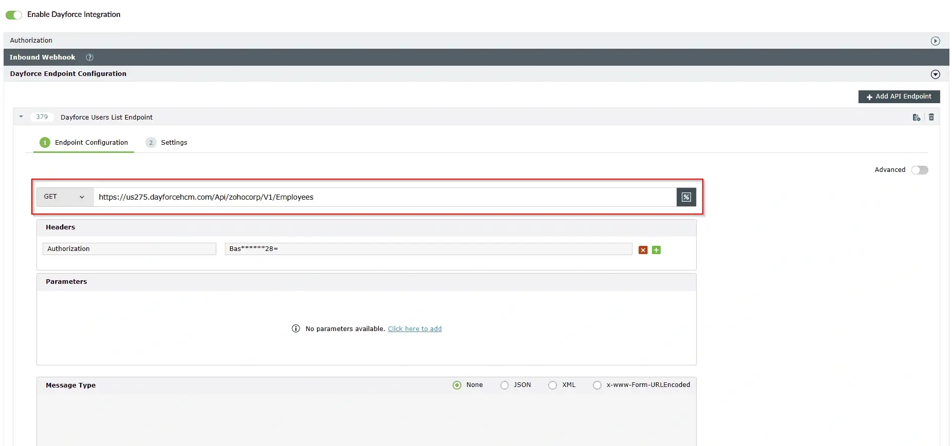 Configuring a Dayforce API endpoint in ADManager Plus integration settings