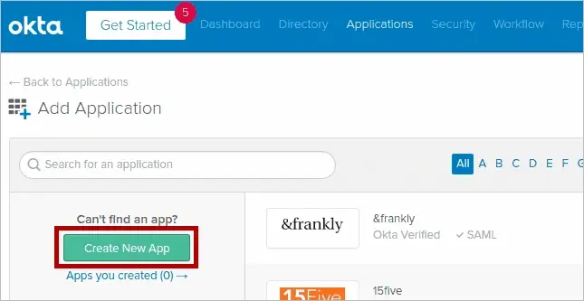 Creating a new application from the Okta application catalog