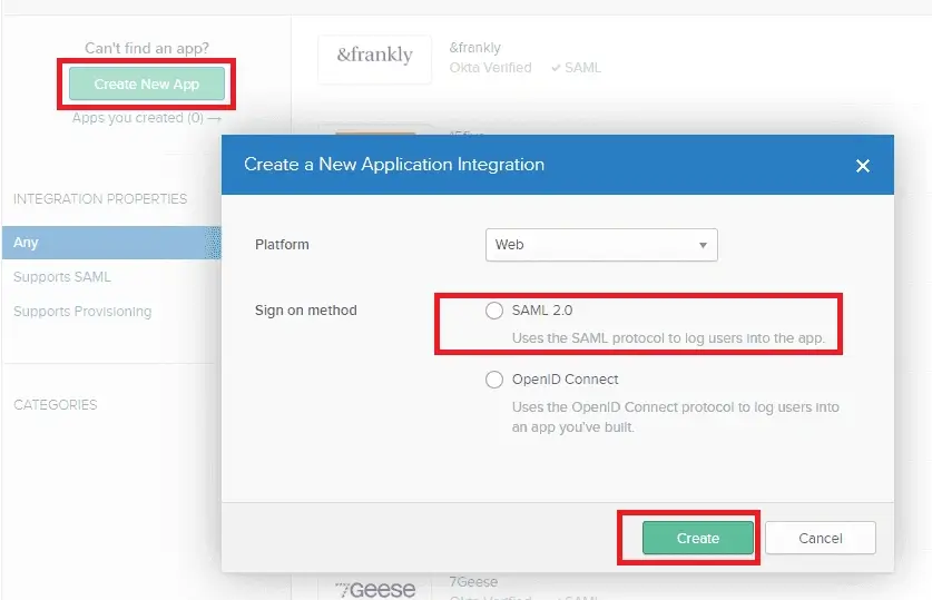 Creating a new SAML 2.0 application integration in Okta