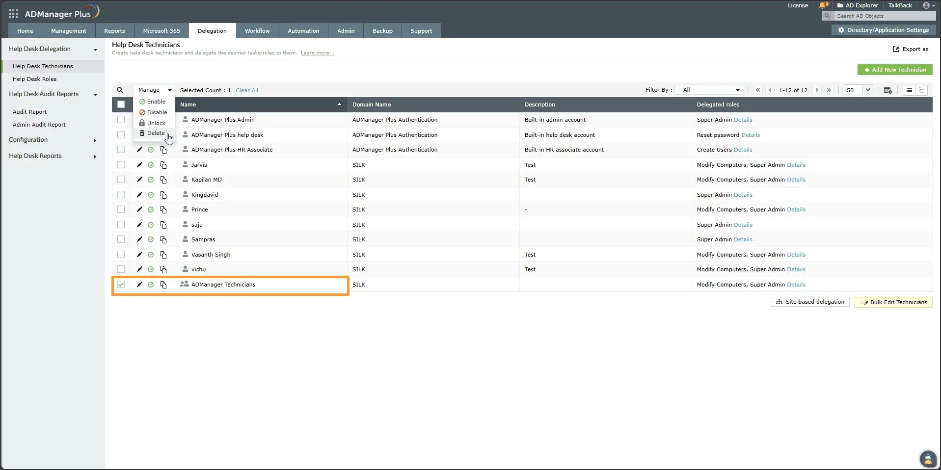 Selecting and deleting a Help Desk Technician account in ADManager Plus 