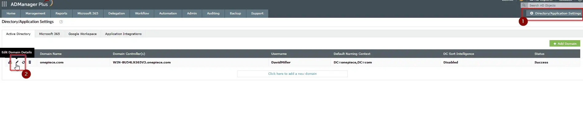 Accessing Directory/Application Settings to edit domain details