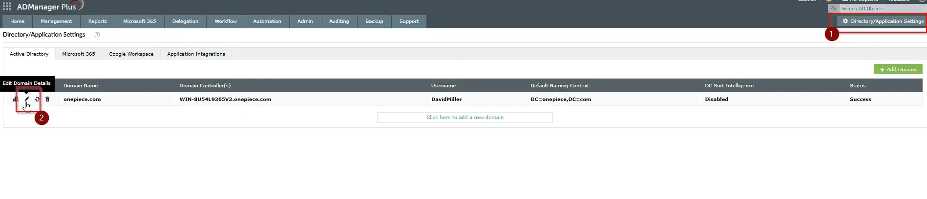 Accessing Directory/Application Settings to edit domain details
