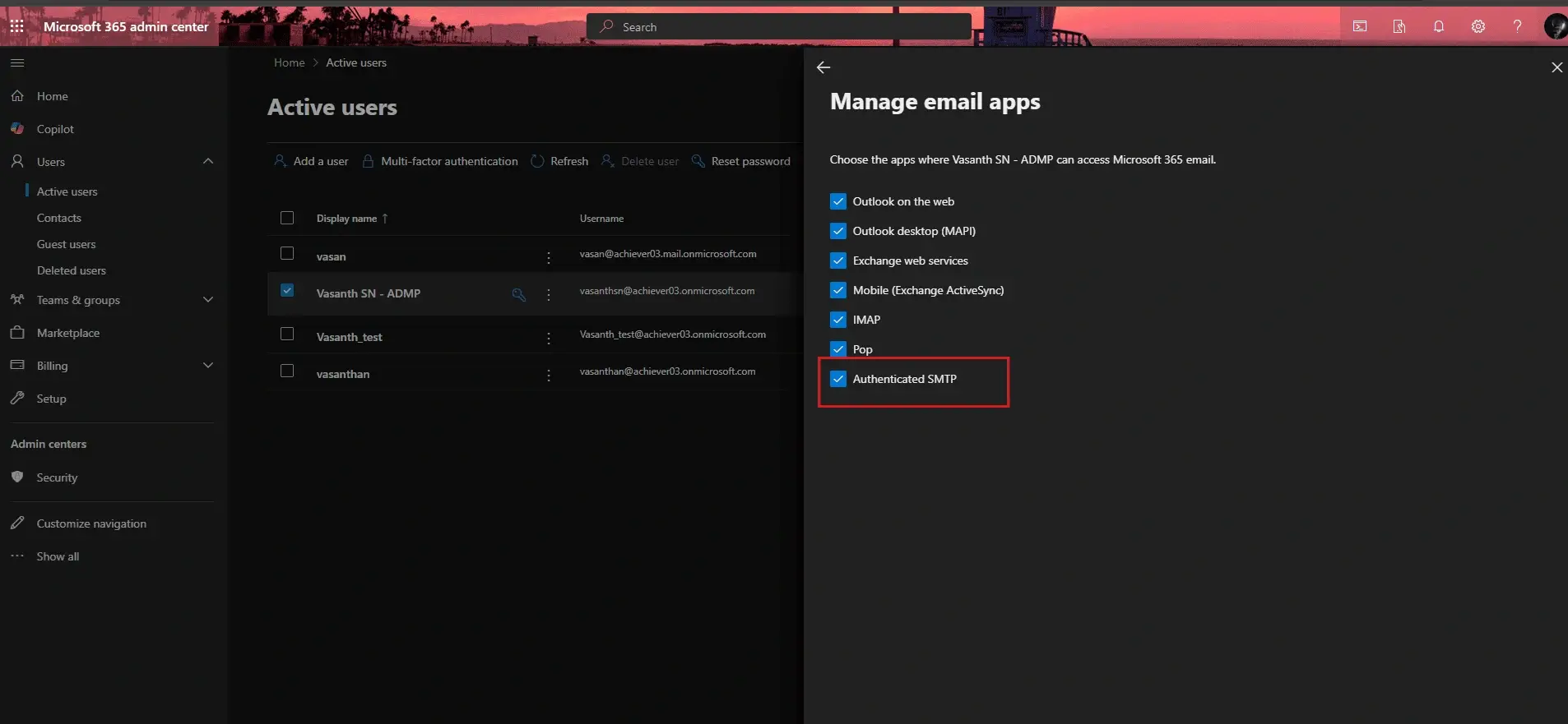 Microsoft 365 admin center showing email app access settings with Authenticated SMTP enabled for a user mailbox.