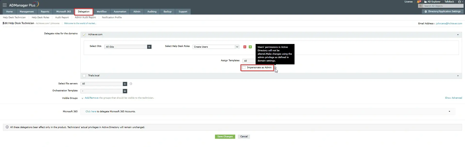 Configuring the Impersonate as Admin option for a Help Desk Technician in ADManager Plus.