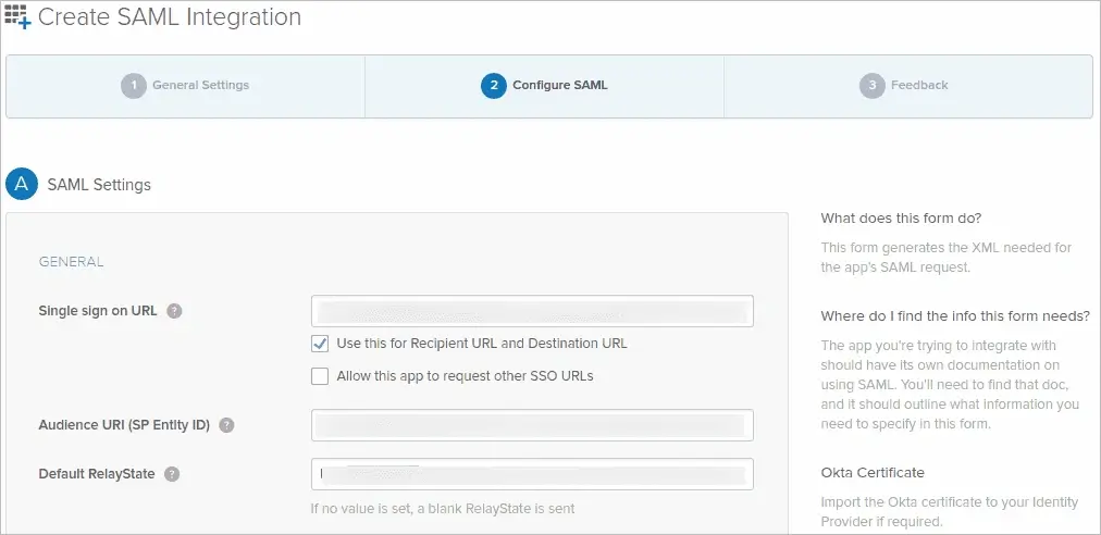 Configuring SAML settings for a new application integration in Okta