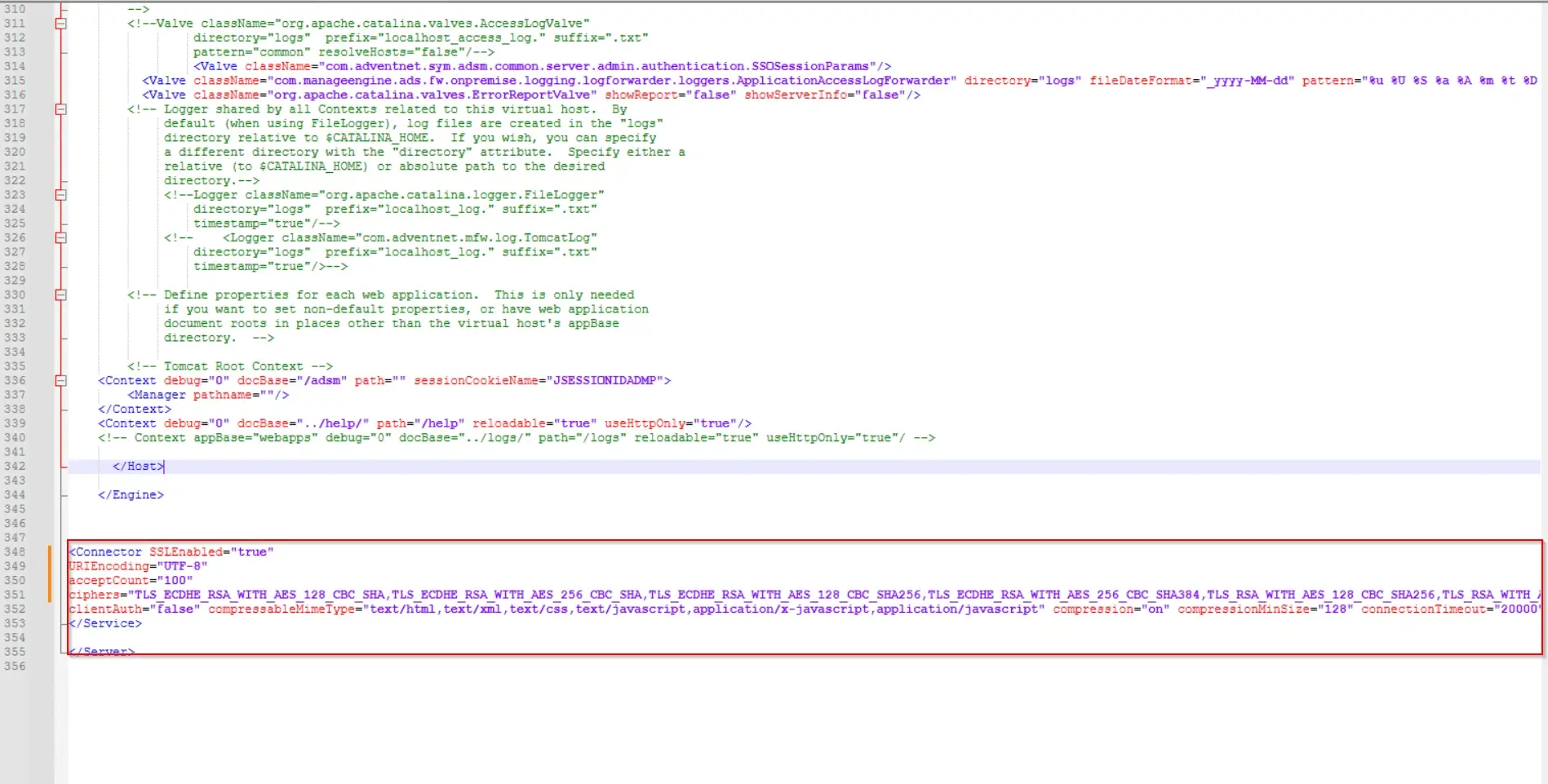 Server configuration file showing custom SSL/TLS connector settings and cipher suite definitions in server.xml.