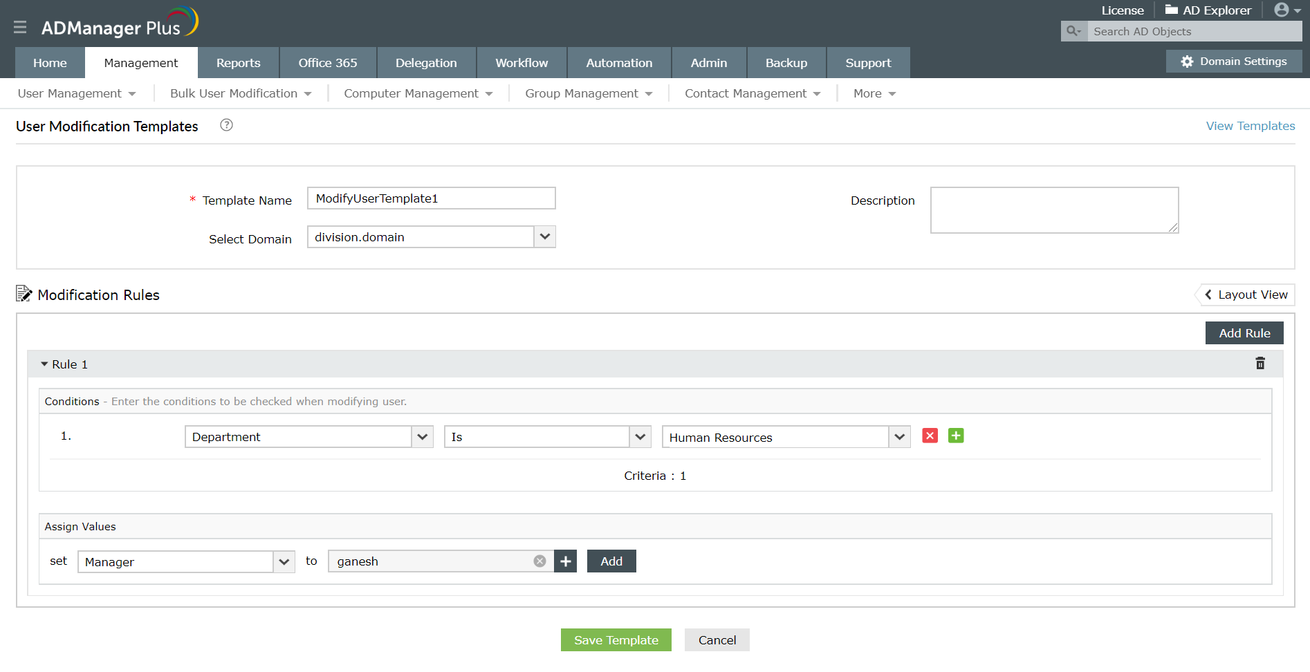 How to update an active directory account using modification rules in a template.