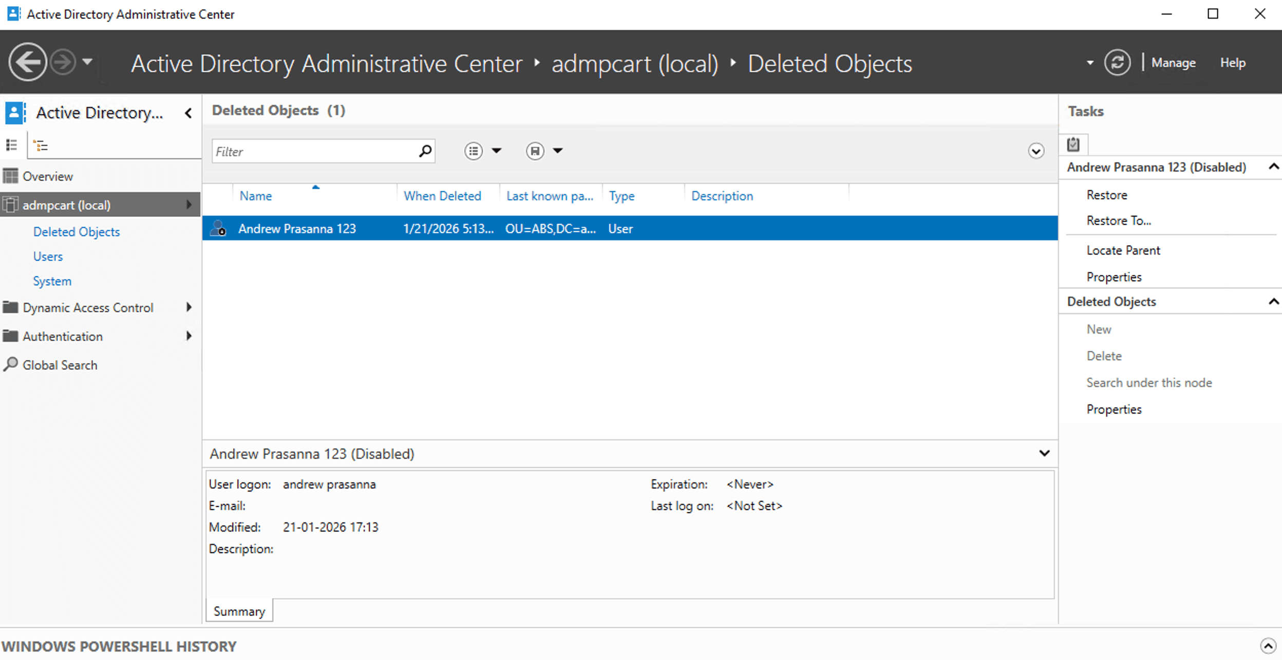 The Active Directory Recycle Bin in Active Directory Administrative Center