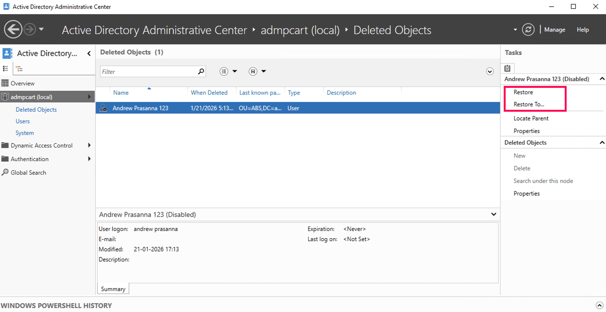 Restoring deleted objects from Recycle Bin in Active Directory Administrative Center