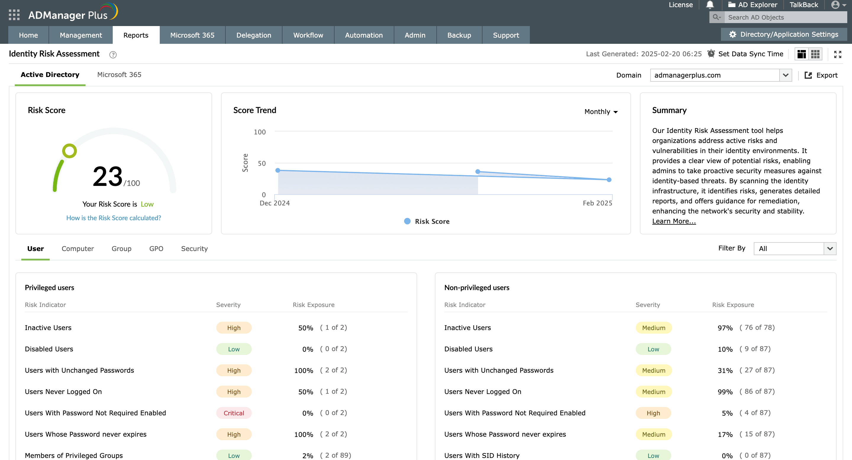 Identity risk assessment in ADManager Plus