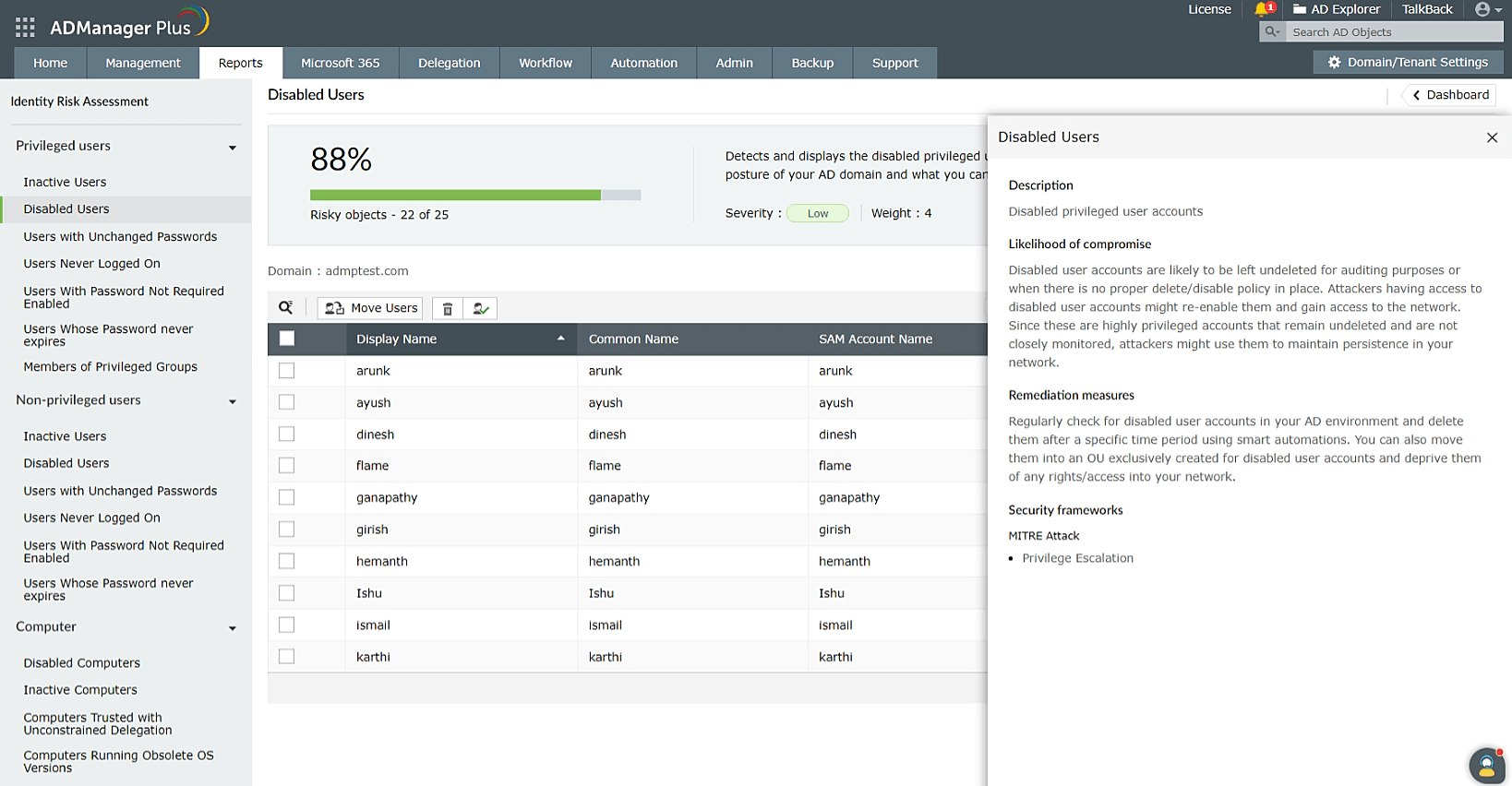 Identity risk assessment in ADManager Plus