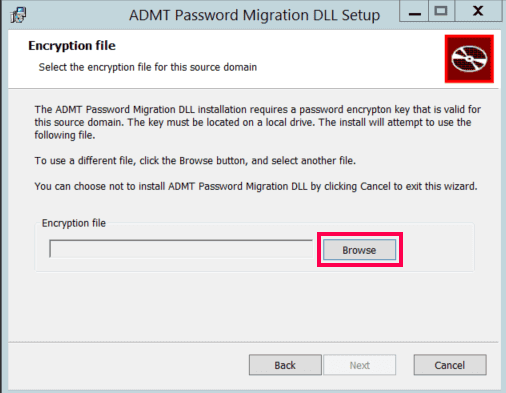Setup screen prompting the user to browse for the previously generated .pes encryption key file.