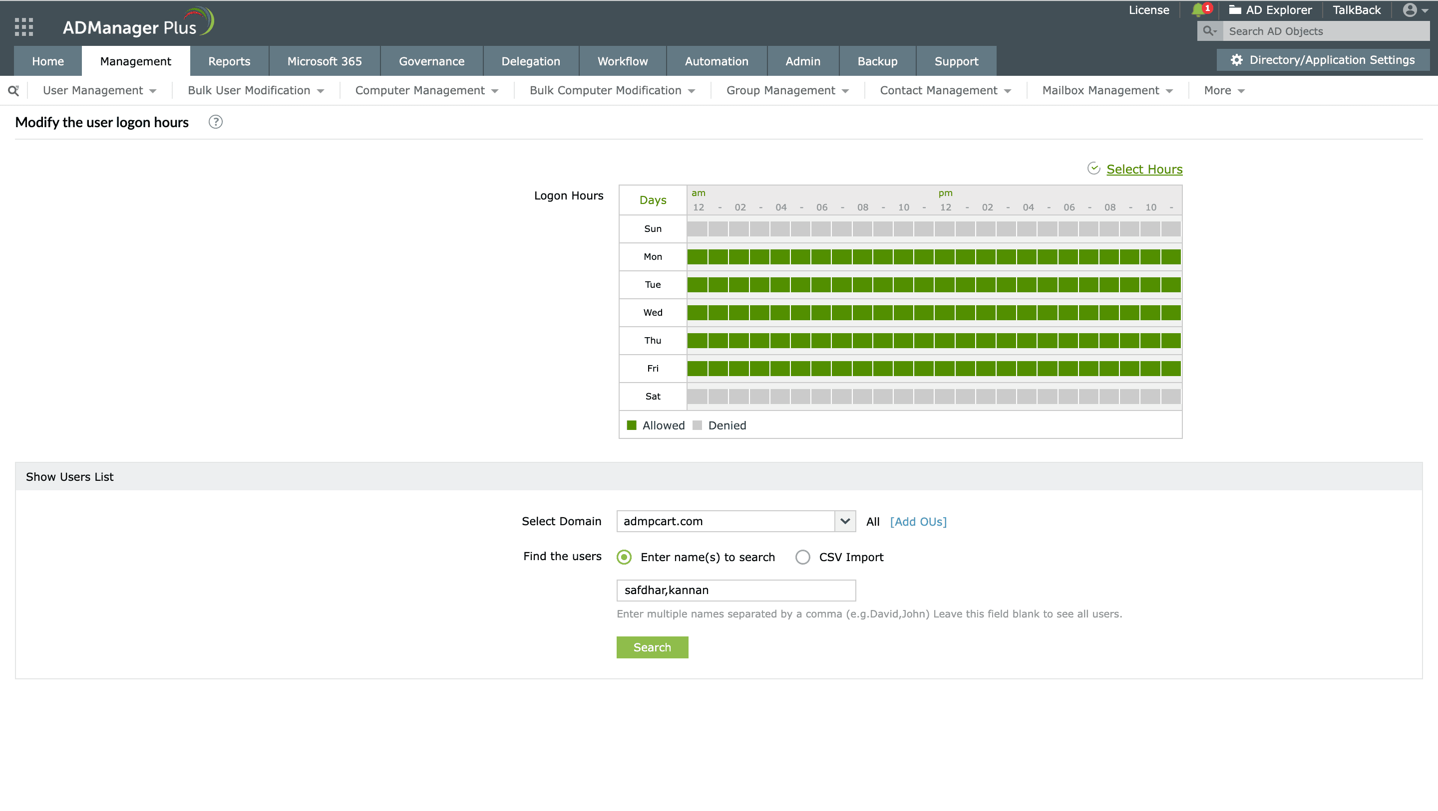 Selecting allowed or denied logon times for users in ADManager Plus