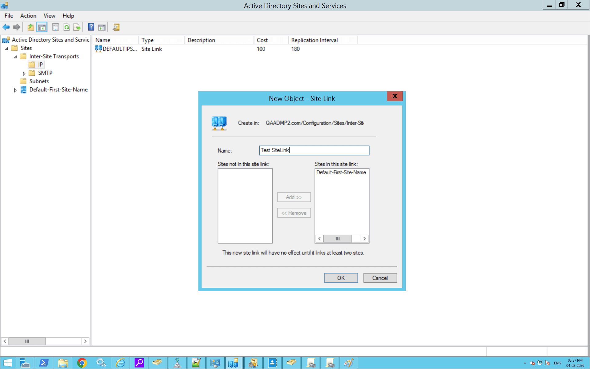 How to create a site link in Active Directory Sites and Services.