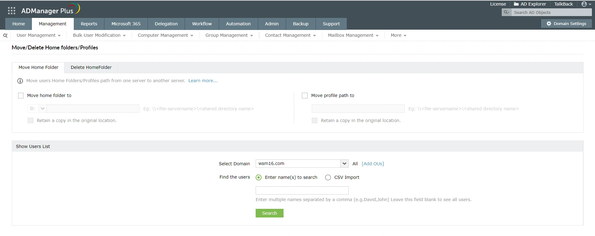 Specify the destination location of the home folders here