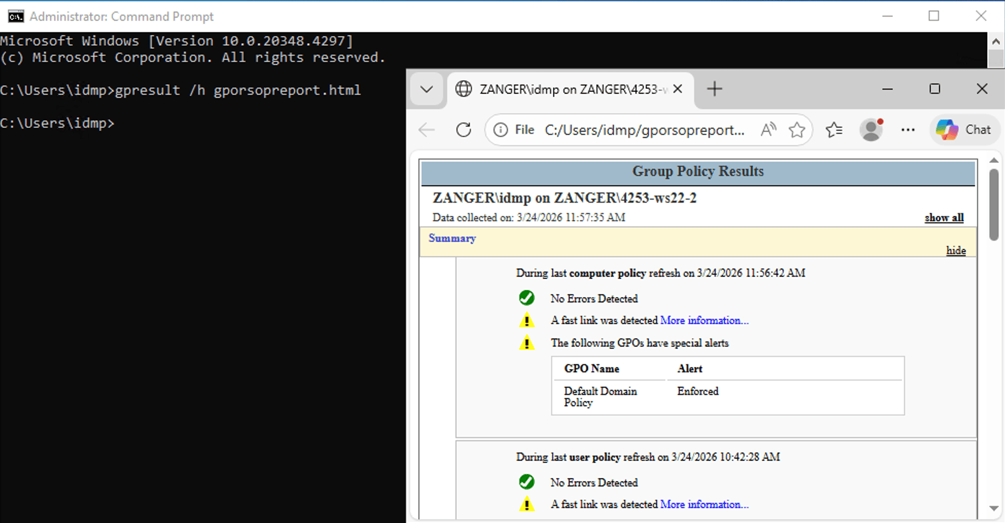 gpresult /h generating an HTML report showing Group Policy Results summary
