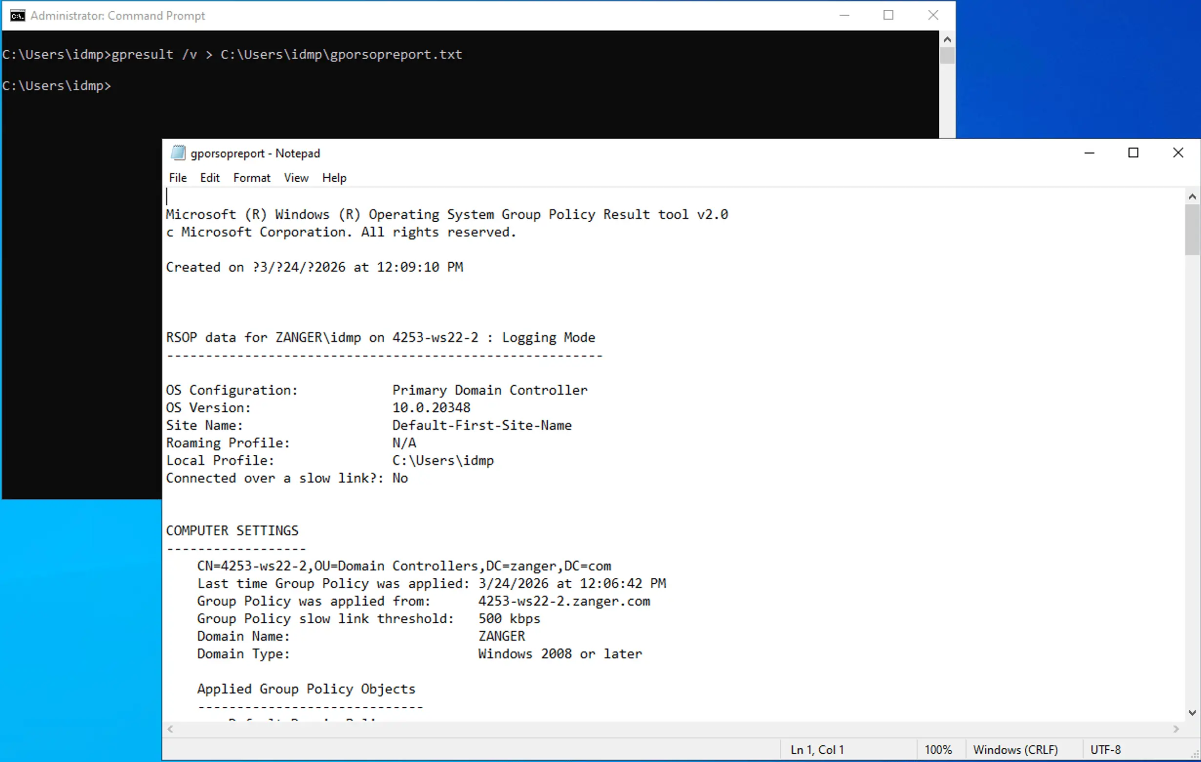 gpresult /v output redirected to a text file showing verbose RSOP data