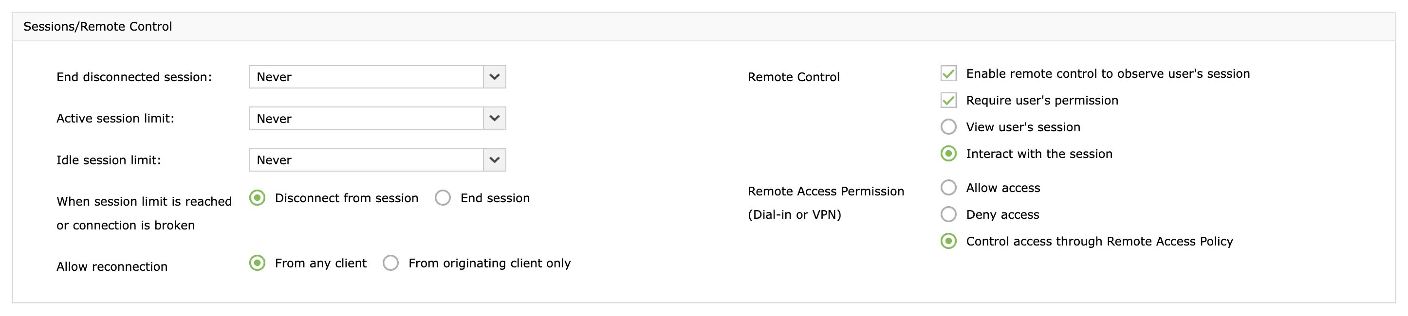 Modifying RDS session limits for a user in ADManager Plus.