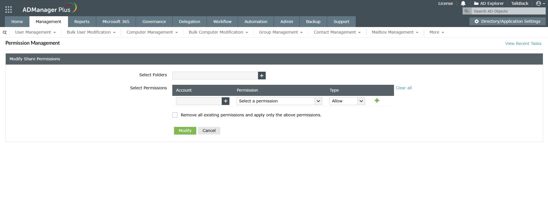 How to modify share permissions in Active Directory using ADManager Plus
