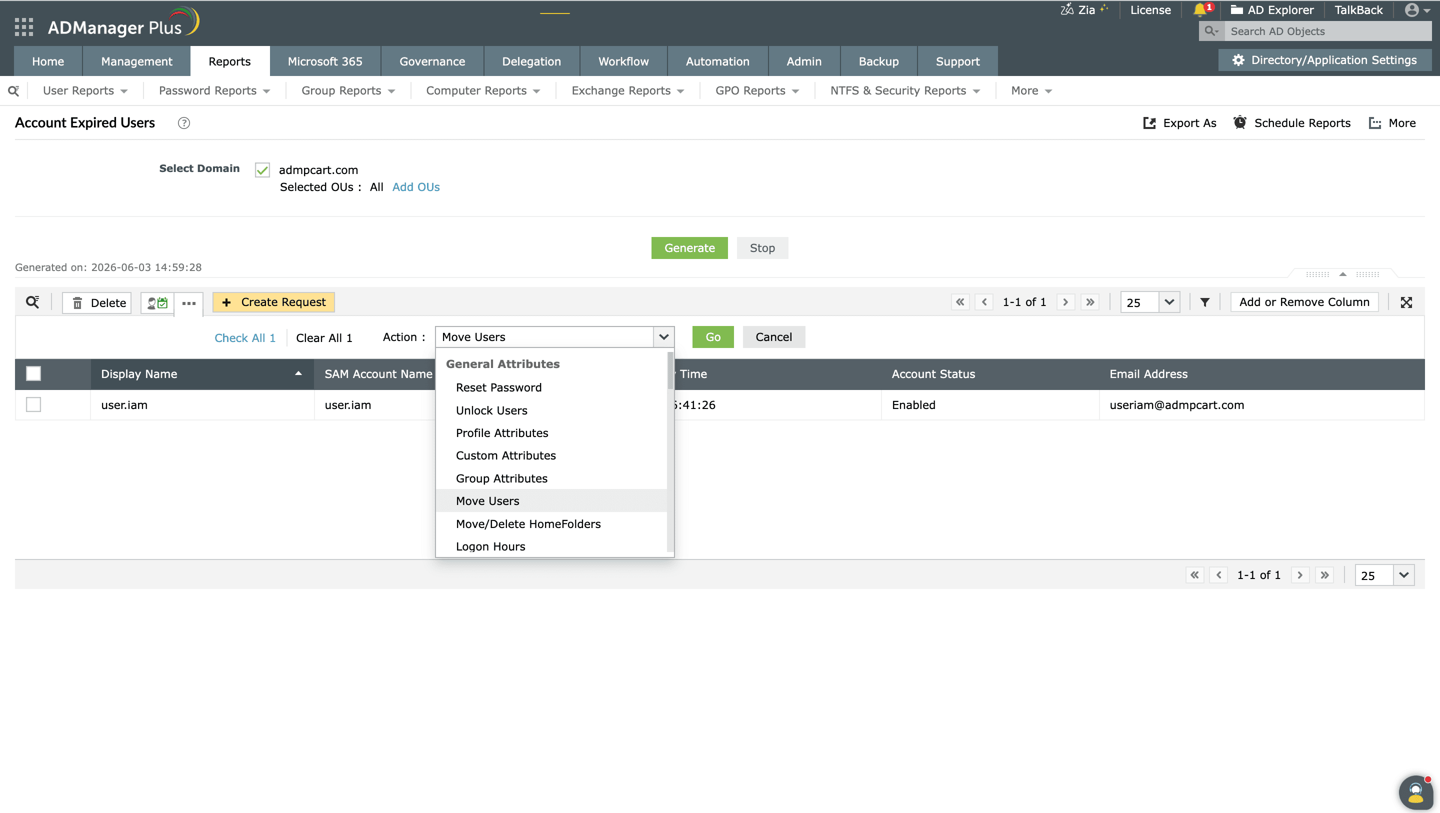 Selecting the Move Users action for expired user accounts in ADManager Plus