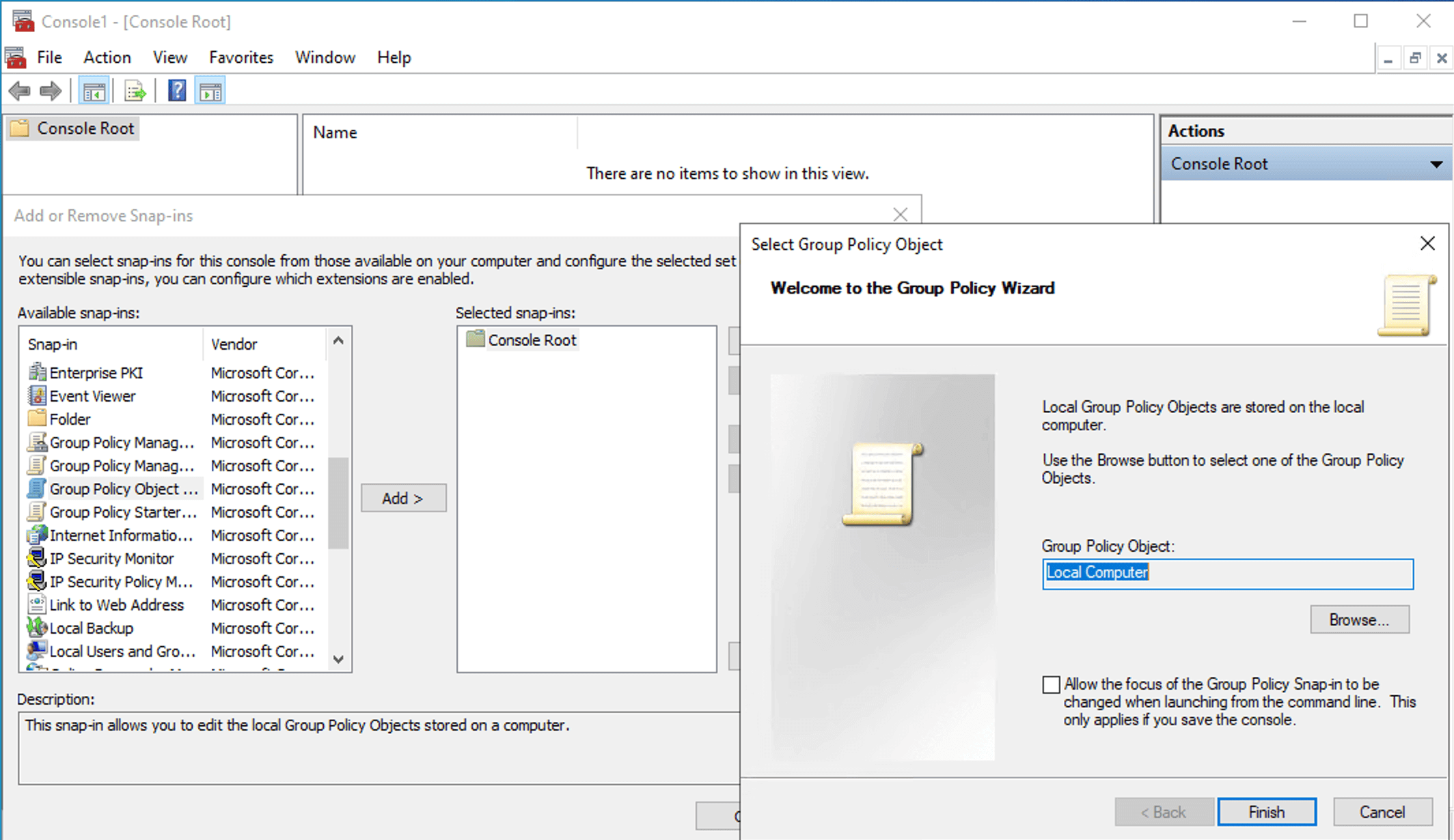 Adding Group Policy Editor in the MMC snap-in