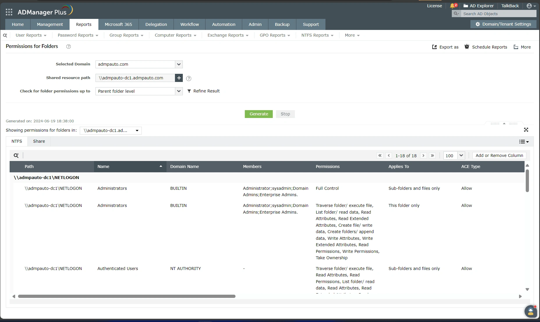 The Permissions for Folders report under NTFS Reports in ADManager Plus