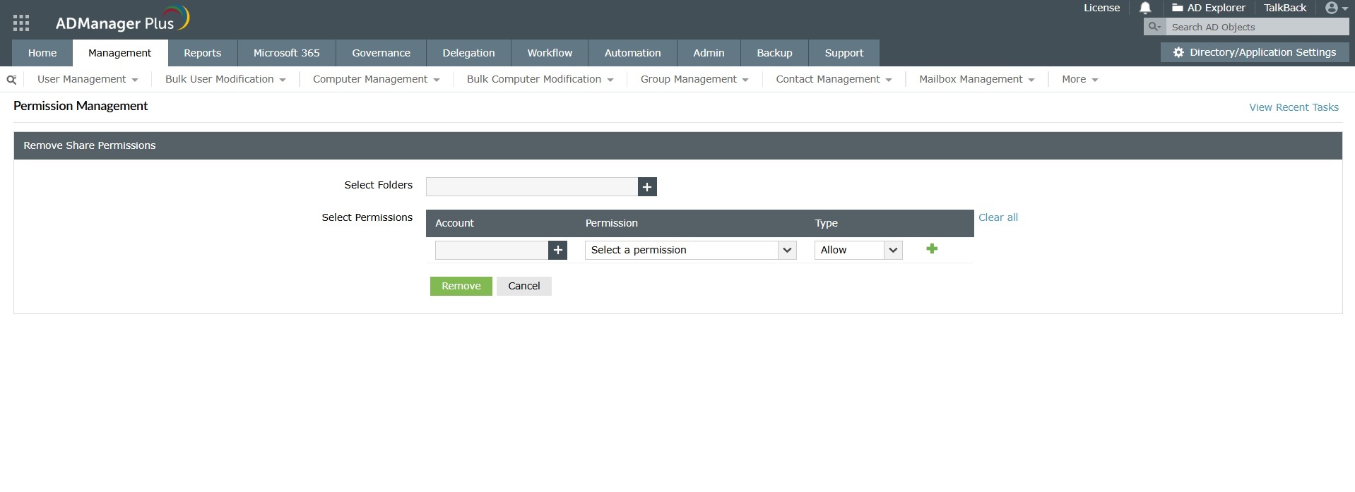 How to remove share permissions in Active Directory using ADManager Plus